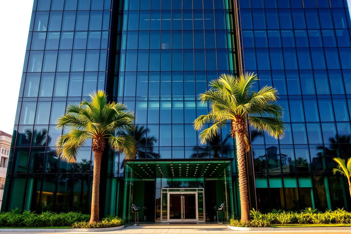 Immeuble de bureaux moderne à Abidjan avec façade vitrée et palmiers