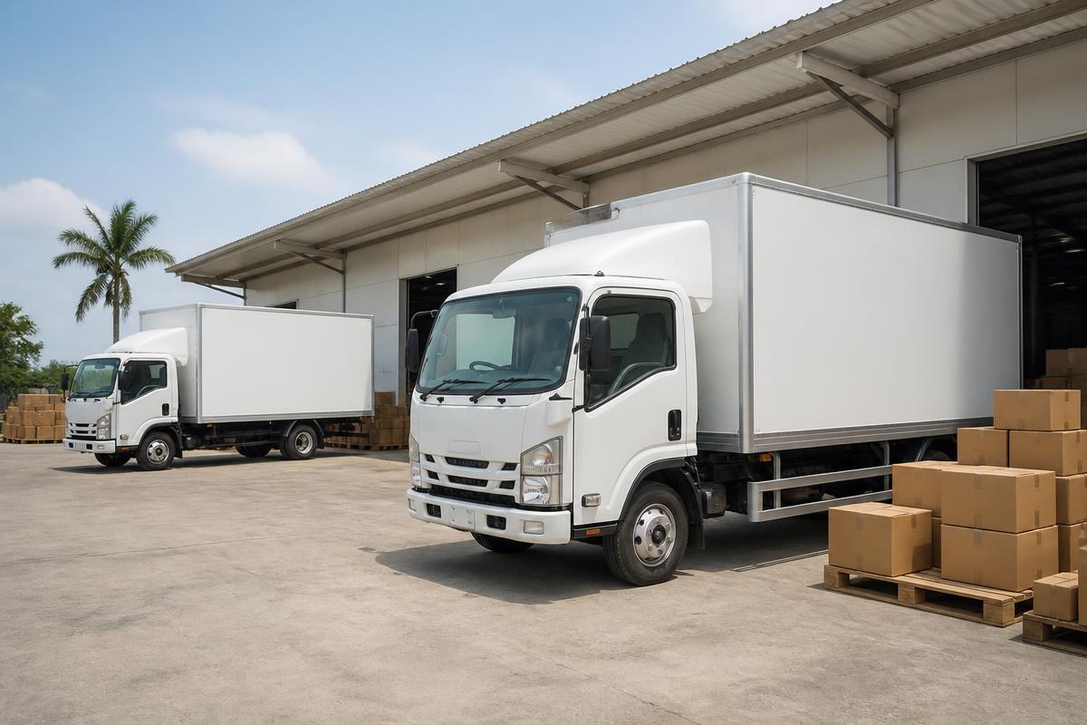 Camions de livraison et entrepôt logistique en Afrique de l'Ouest