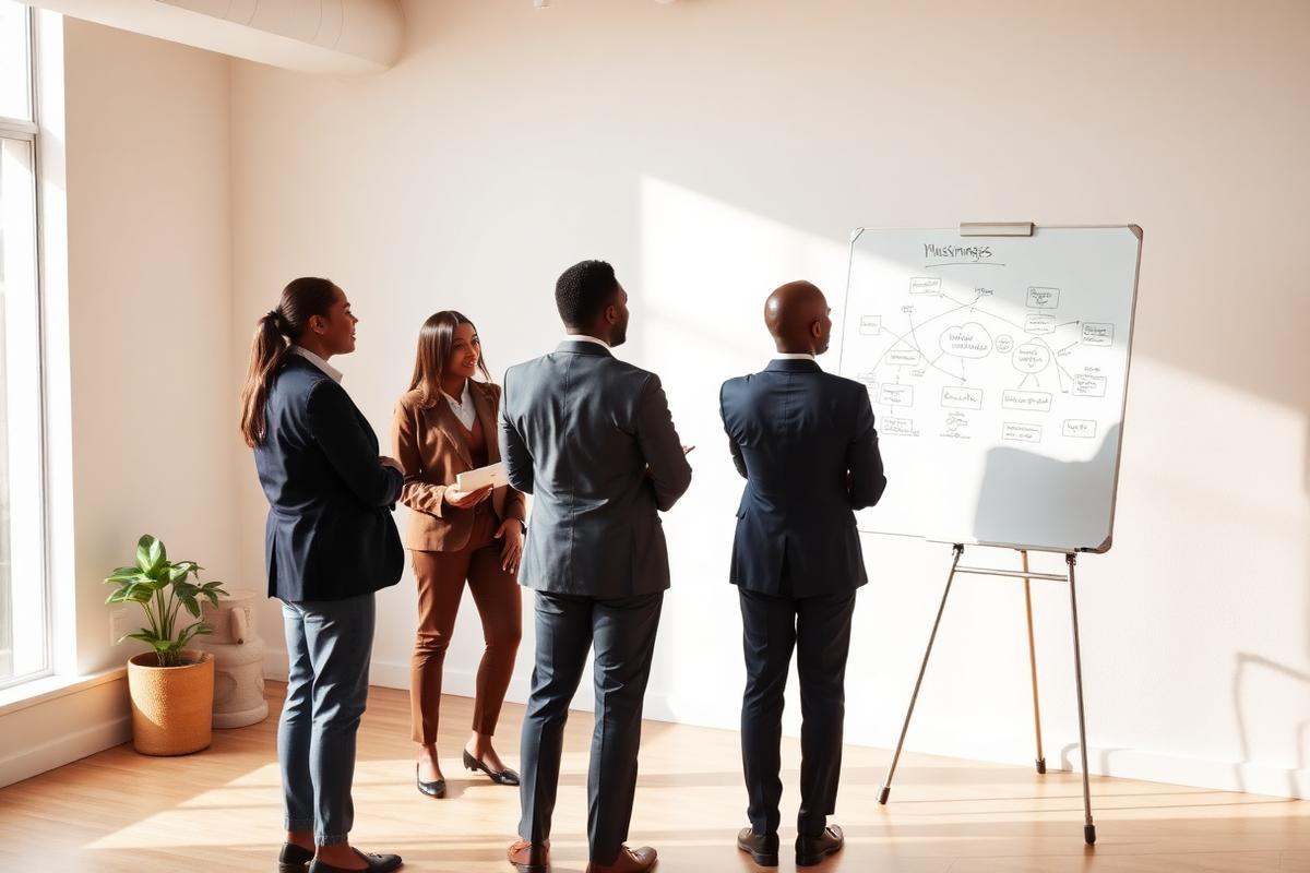 Réunion de conseil en management devant un tableau de business model