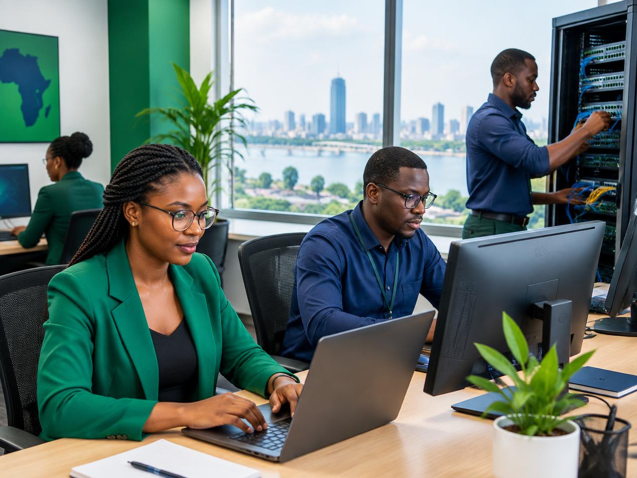 Équipe informatique travaillant dans un bureau moderne à Abidjan